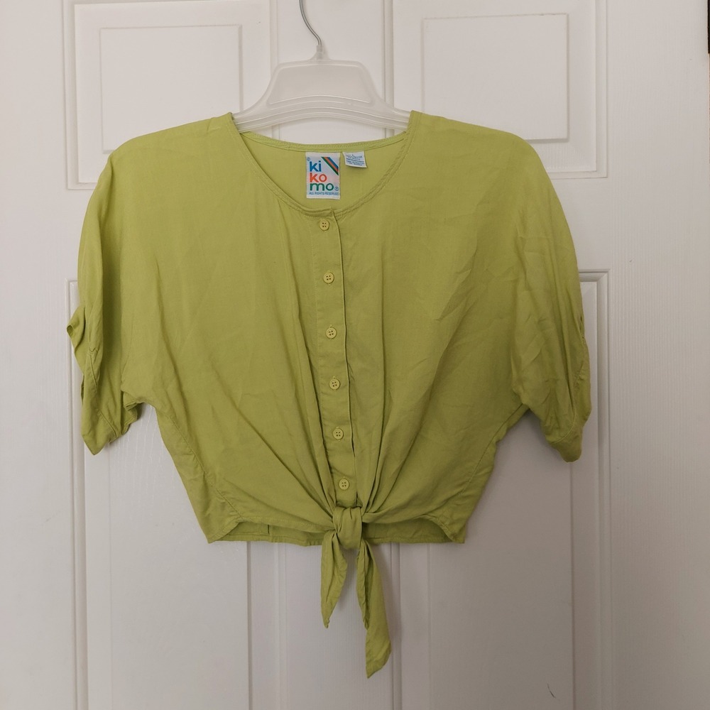 Ki Ko Mo Vintage Chartreuse Green Tie Front Button Up Crop Top Blouse Large